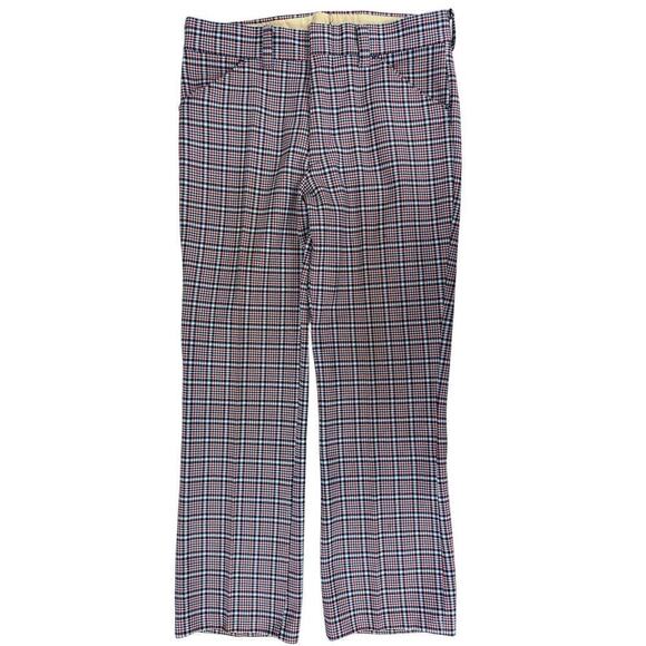 VTG 70s Mens Polyester Flare Trousers Pants R/W/B Geometric Pattern 35x30.5 - Picture 1 of 5